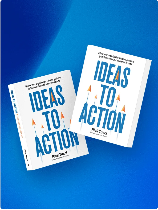 Two Ideas to Action book covers by Rick Tucci on a blue background