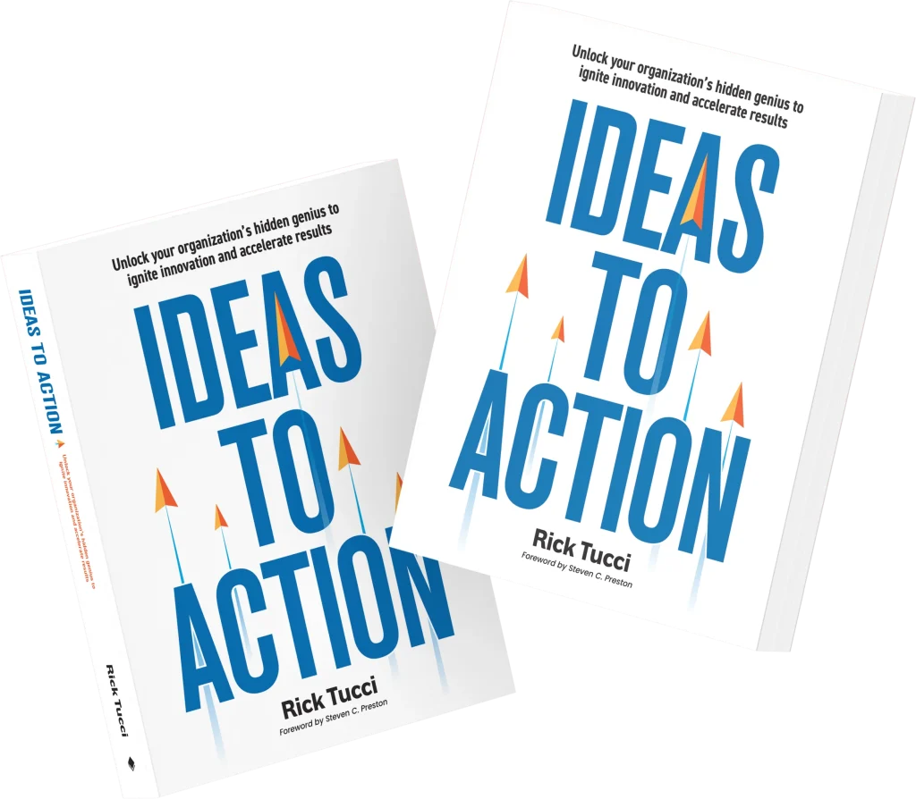 Two angled Ideas to Action book covers on a transparent background used to promote the special books plus leadership talk offer.