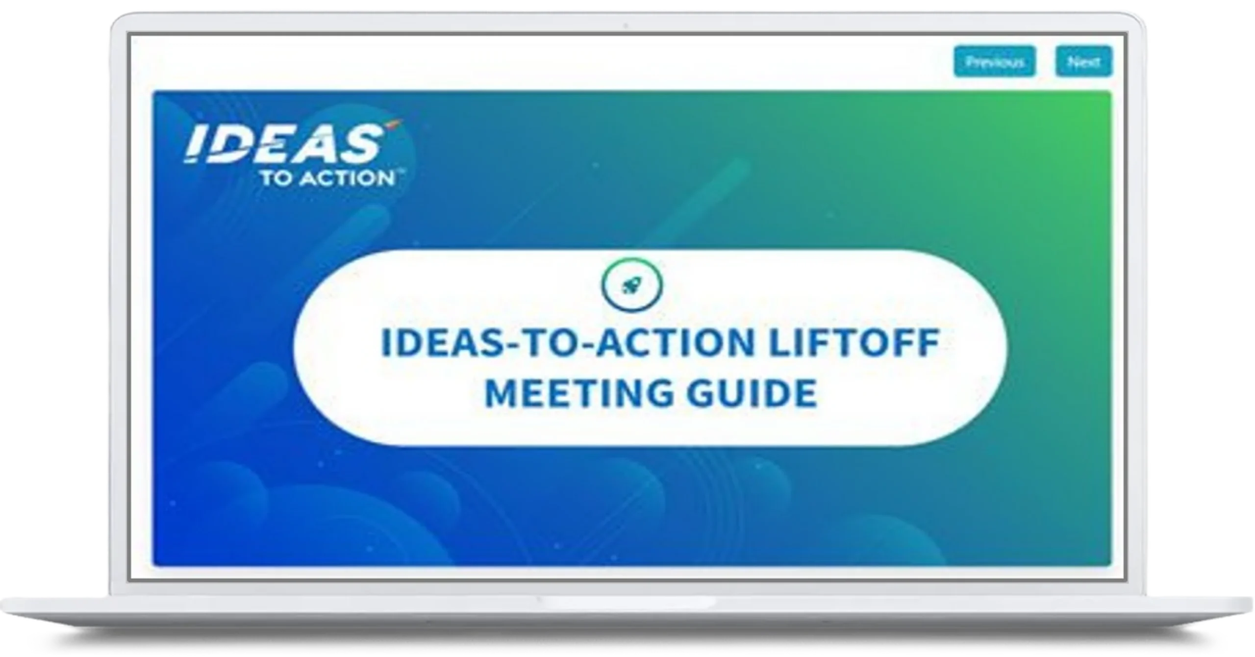 Liftoff Meeting Guide cover displayed on a laptop screen.